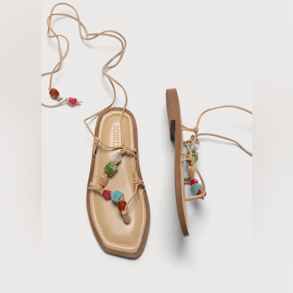Schutz Gem Light Nude Leather Beaded Lace-Up Flat Sandals